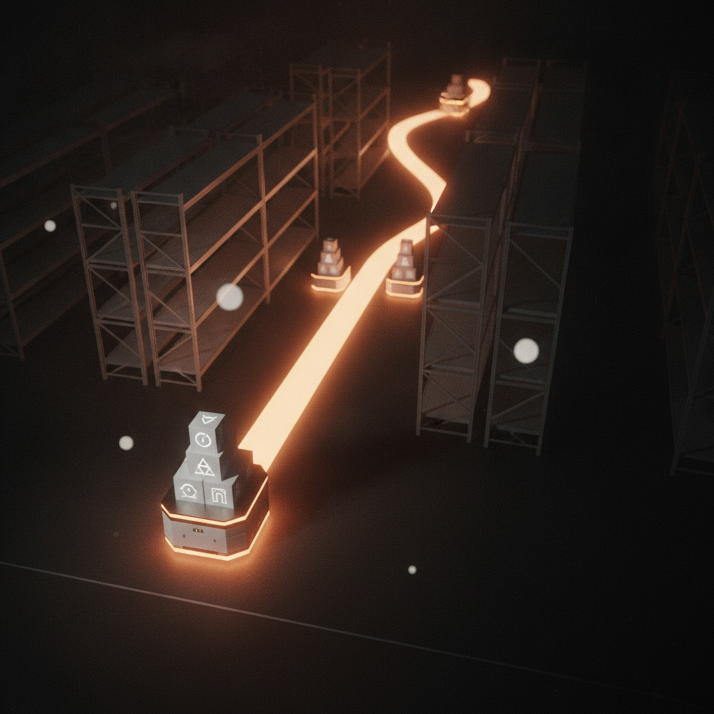 Illustrazione: Un vasto magazzino moderno e iper-organizzato, con alte scaffalature dove robot di movimentazione merci (AGVs) spostano pacchi con simboli diversificati. Un flusso luminoso arancio