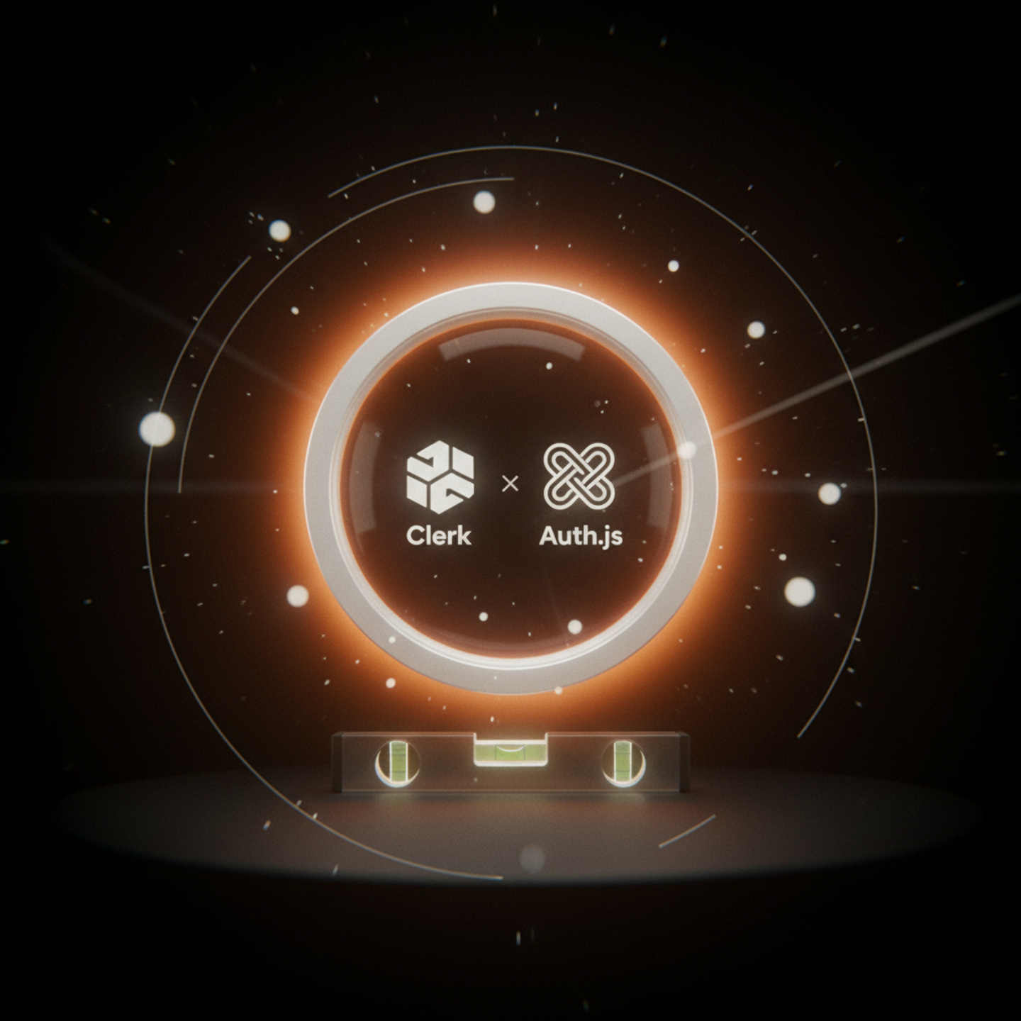 Illustrazione: Due moduli di autenticazione distinti (Clerk e Auth.js) sono posti su una superficie di calibrazione. Una livella a bolla valuta l'equilibrio tra i due e una lente d'ingrandimento