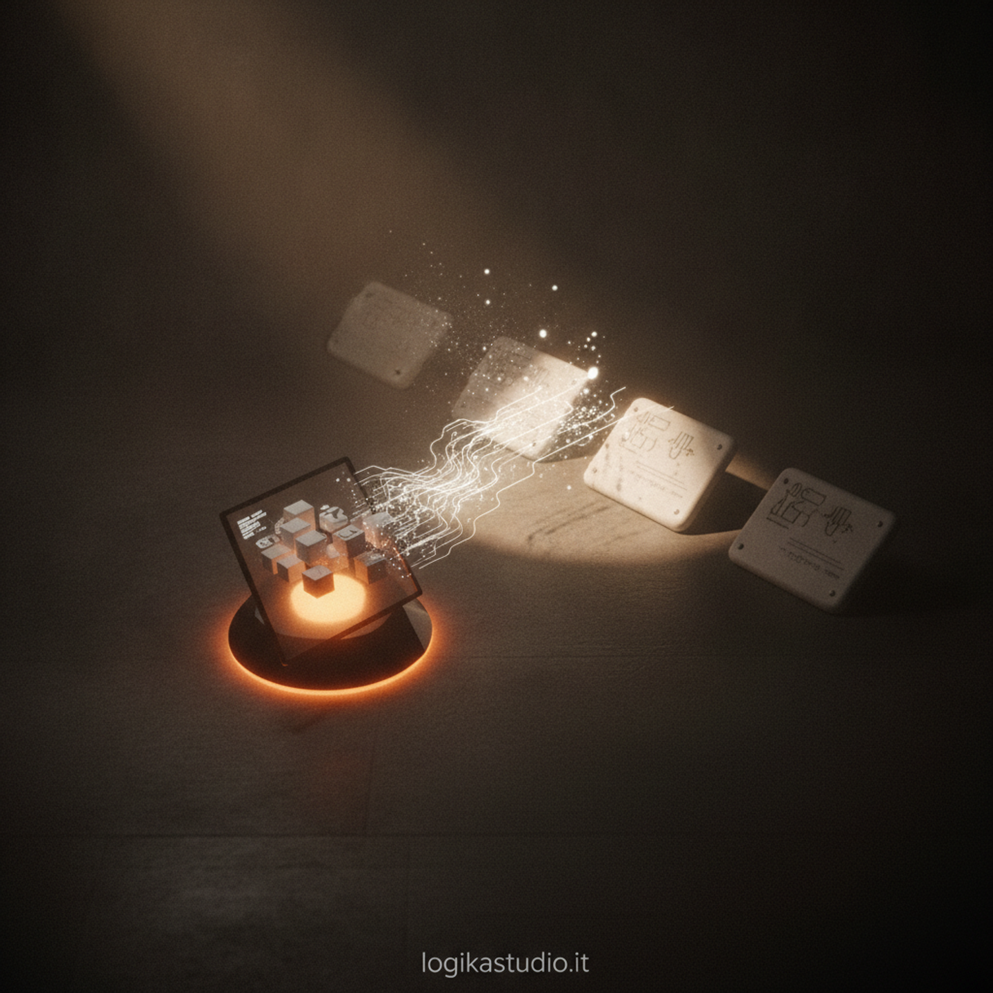 Illustrazione: La ricerca OpenAI è rappresentata da un fascio di luce che illumina e modifica una serie di schede di mansione tradizionali, mentre un terminale AI visualizza come singoli…