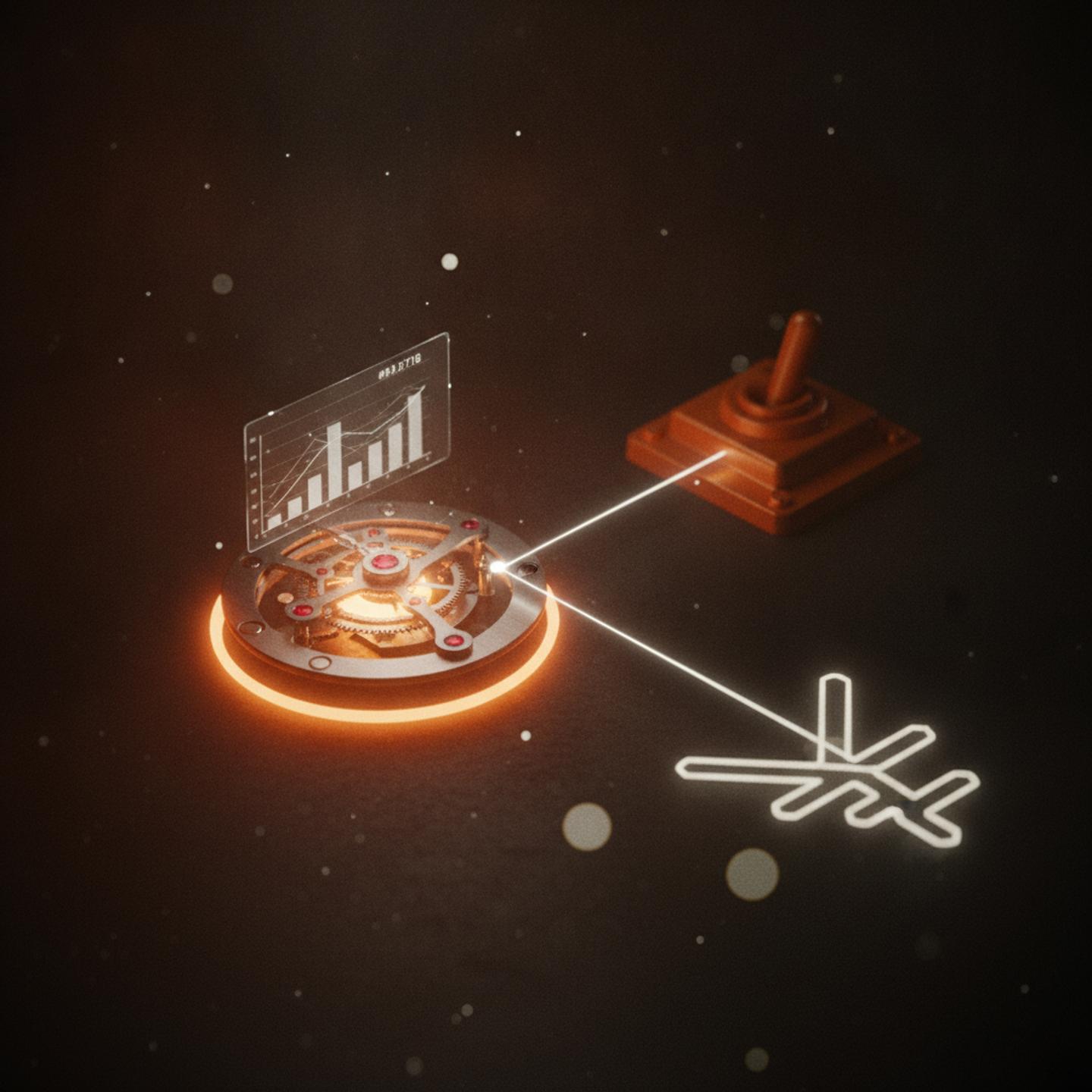 Illustrazione: Una vista dall'alto su un intricato modulo di orologeria con rubini e ponti, dove un display olografico proietta dati di performance e un interruttore di sicurezza rosso è pronto a