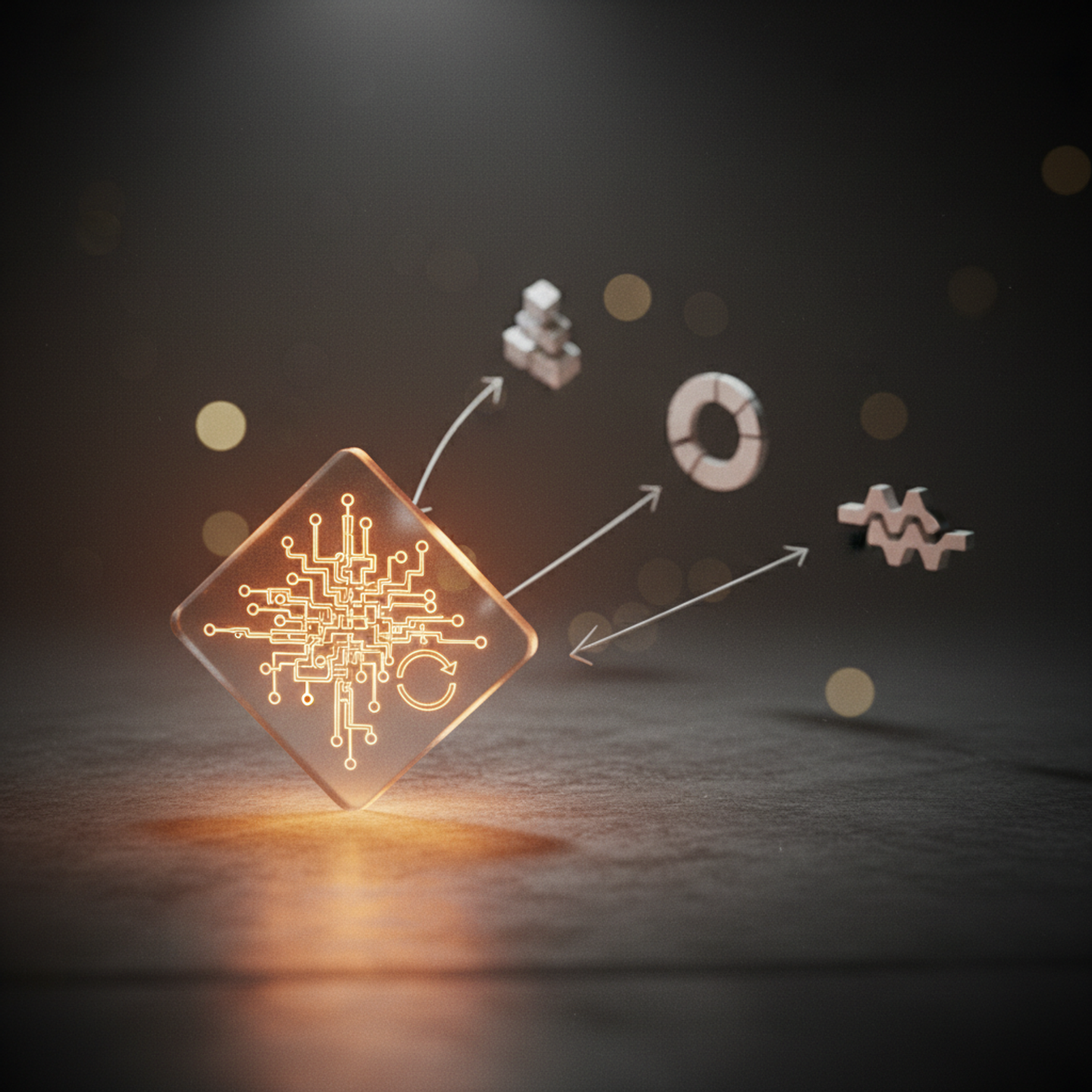Illustrazione: Una dashboard di monitoring isometrica che mostra dati grezzi da tre icone di piattaforme pubblicitarie che convergono verso un decision diamond con un percorso intricato e un retr