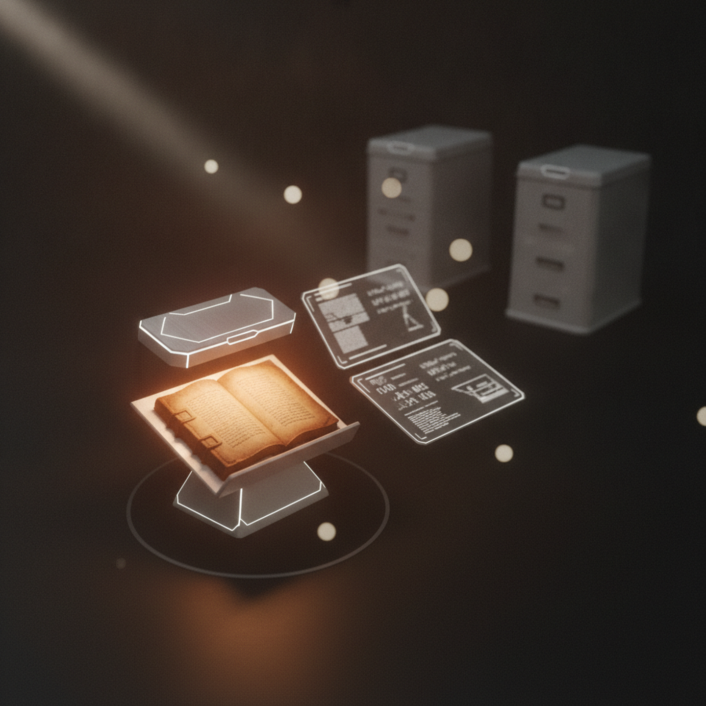 Illustrazione: L'AI come un catalizzatore che prende il sapere specialistico e confinato, spesso custodito in manoscritti o archivi rari, e lo rende replicabile e accessibile su larga scala…