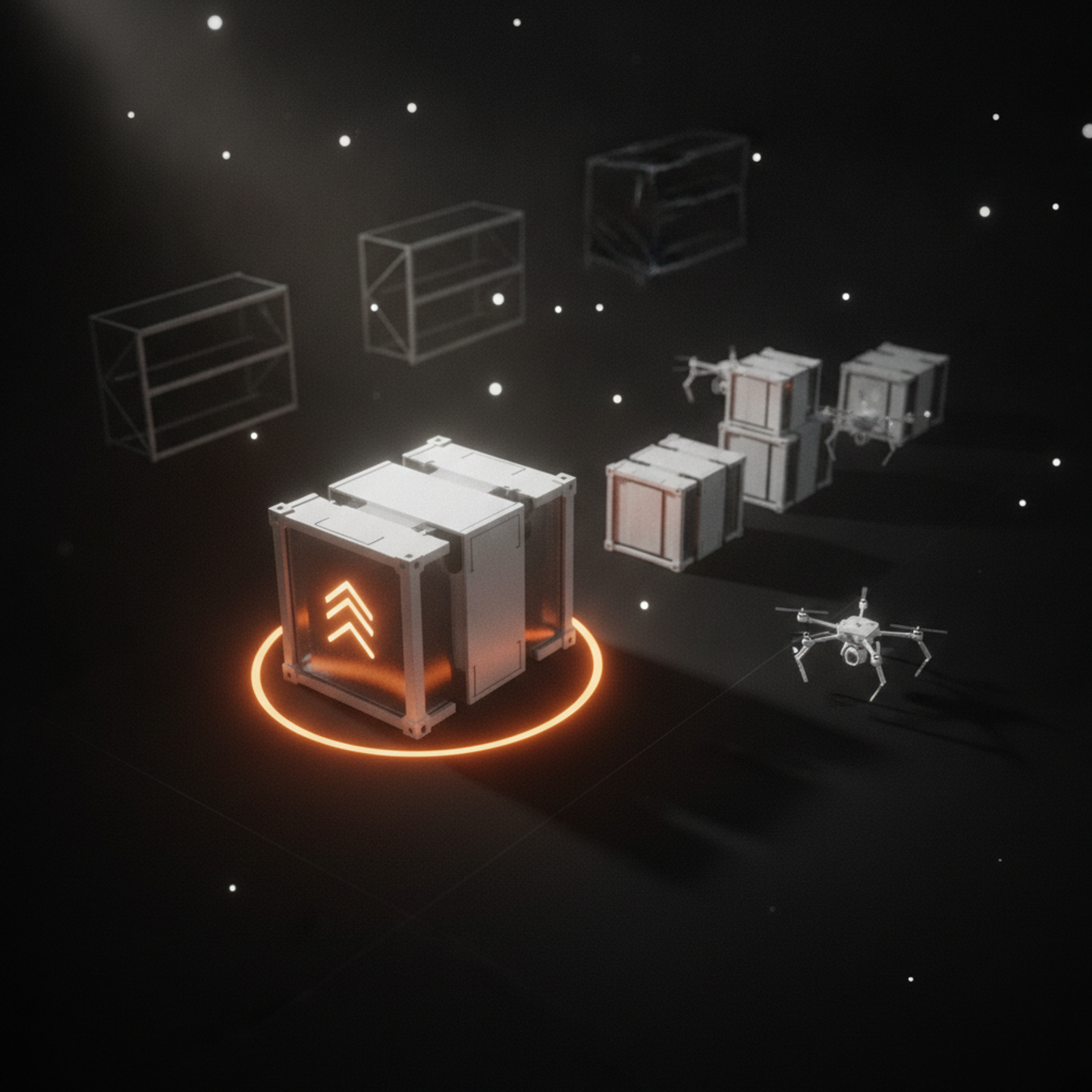 Illustrazione: Da una prospettiva dall'alto, un magazzino logistico futuristico dove container digitali, rappresentanti progetti e ROI ottimizzati, vengono gestiti e impilati con precisione da…
