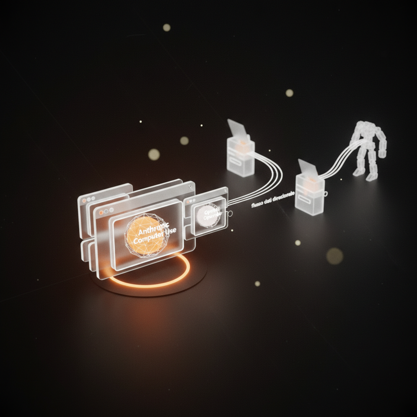 Illustrazione: Due sfere luminose che rappresentano Anthropic Computer Use e OpenAI Operator, interagiscono fluidamente con un browser semplificato, inserendo dati e automatizzando un flusso di l