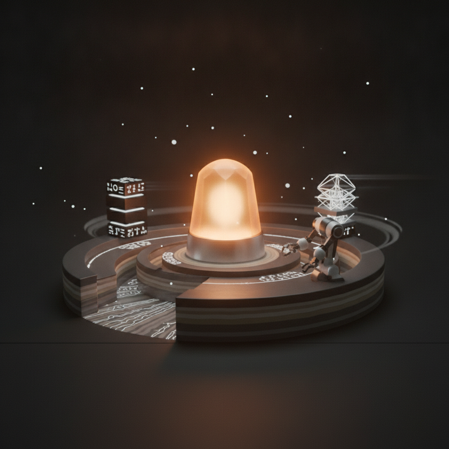 Illustrazione: Un sentiero ben definito scolpito in una sezione geologica stratificata, che guida un piccolo robot collaborativo (cobot) attraverso un ambiente industriale miniaturizzato. Questo…