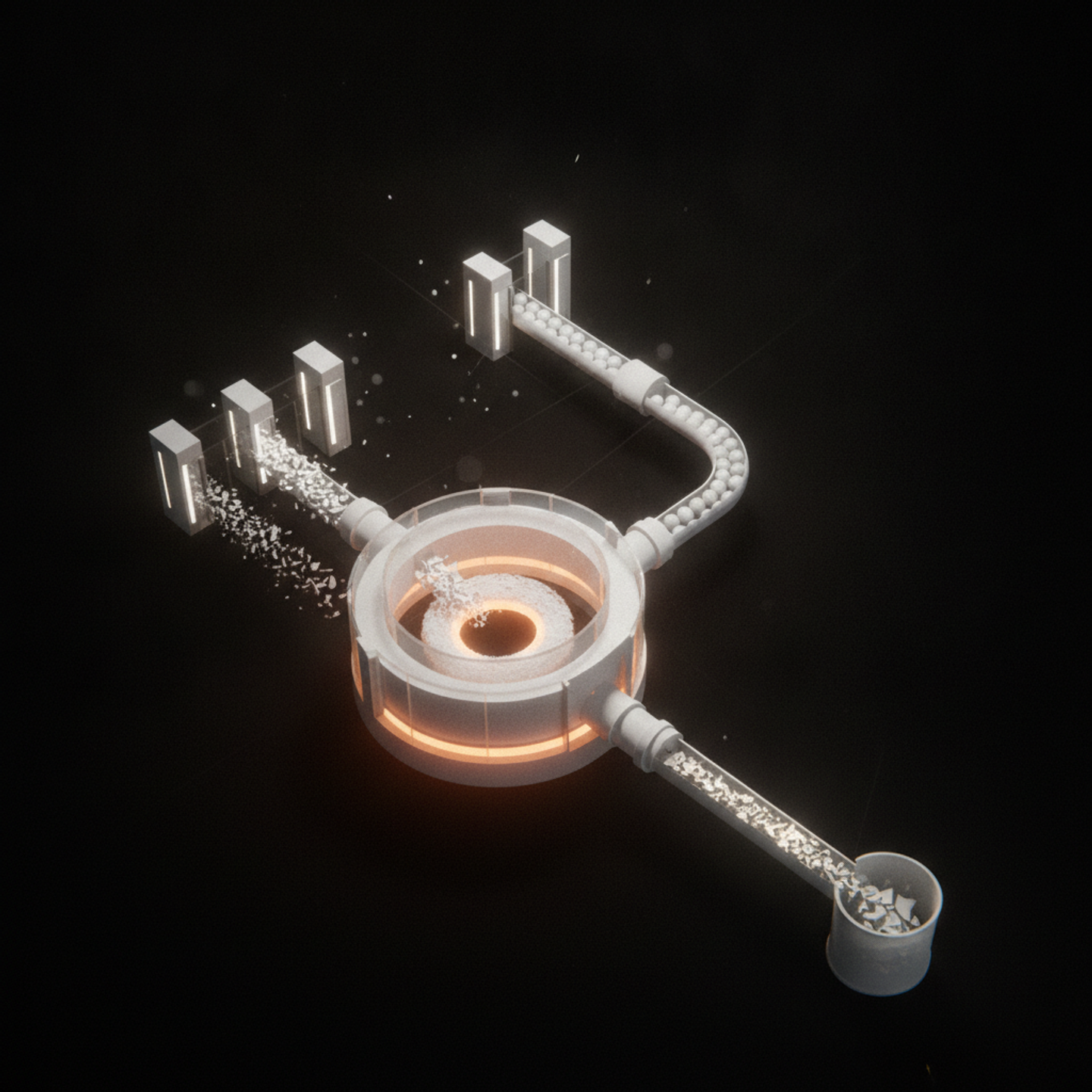 Illustrazione: Una serie di paratoie automatizzate e valvole sequenziali sono disposte per filtrare e purificare un flusso continuo di informazioni. Solo i dati conformi e sicuri vengono…