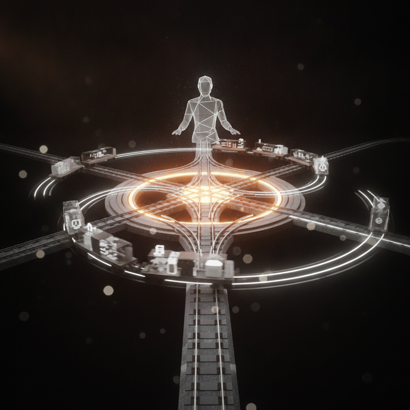 Illustrazione: Un intricato scambio di binari ferroviari digitali, illuminato da una luce arancione, dirige autonomamente vagoni stilizzati carichi di dati e compiti, illustrando come gli agenti…