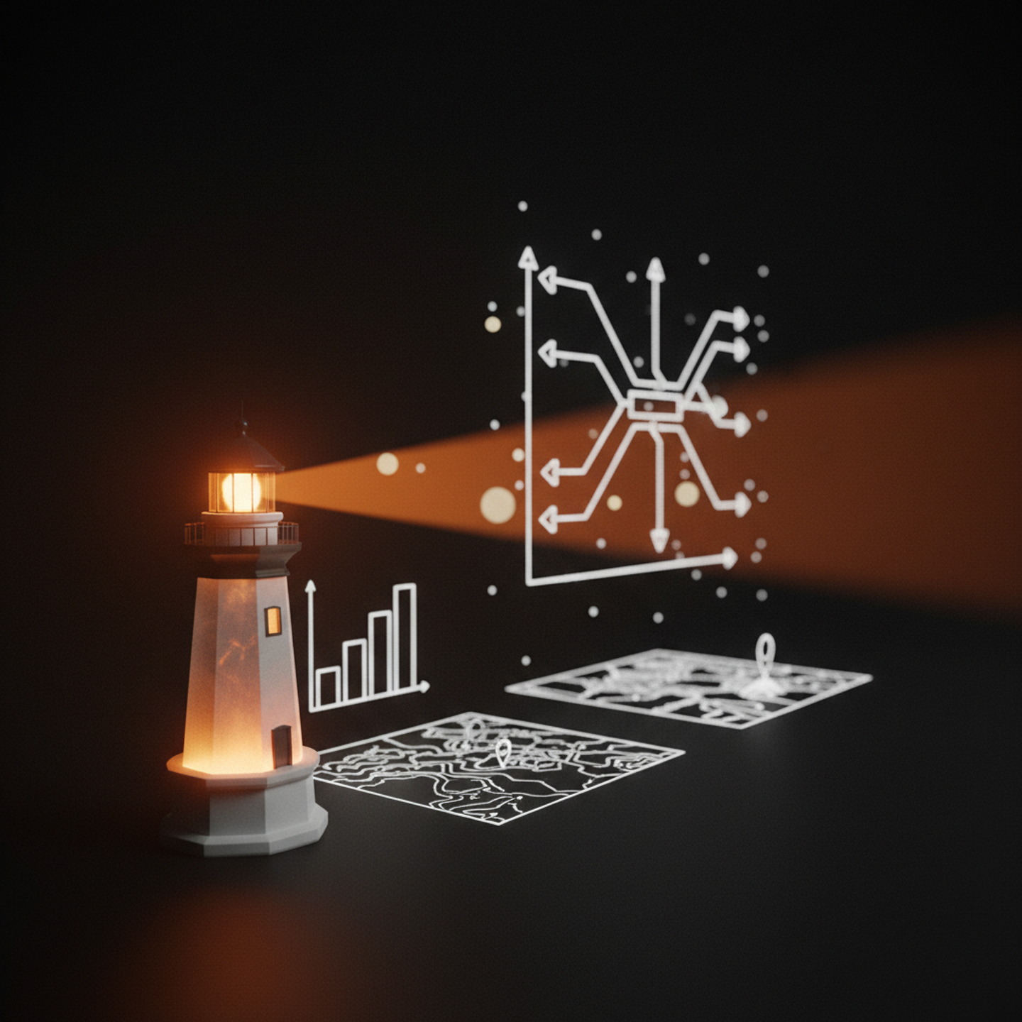 Illustrazione: Una mappa statica del passato (rappresentante la Business Intelligence tradizionale) è affiancata da una proiezione dinamica e luminosa di una pipeline di vendita futura, evidenzia